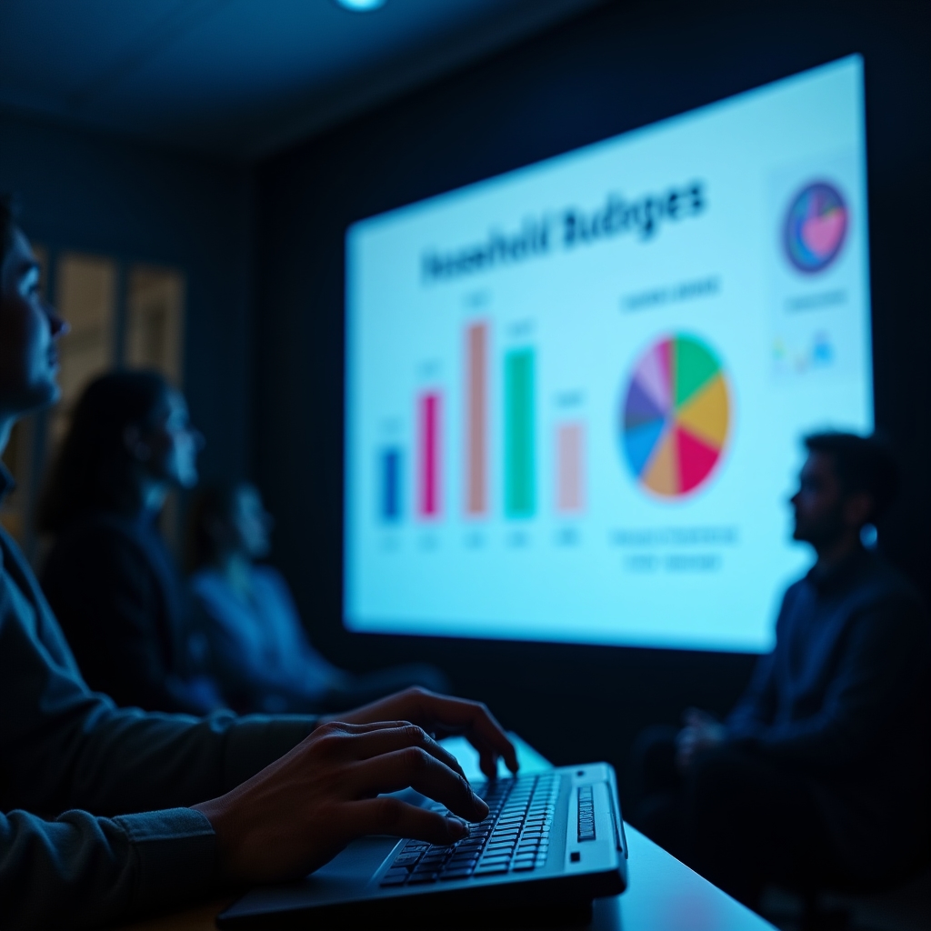 Schermo con presentazione durante webinar sulle finanze domestiche